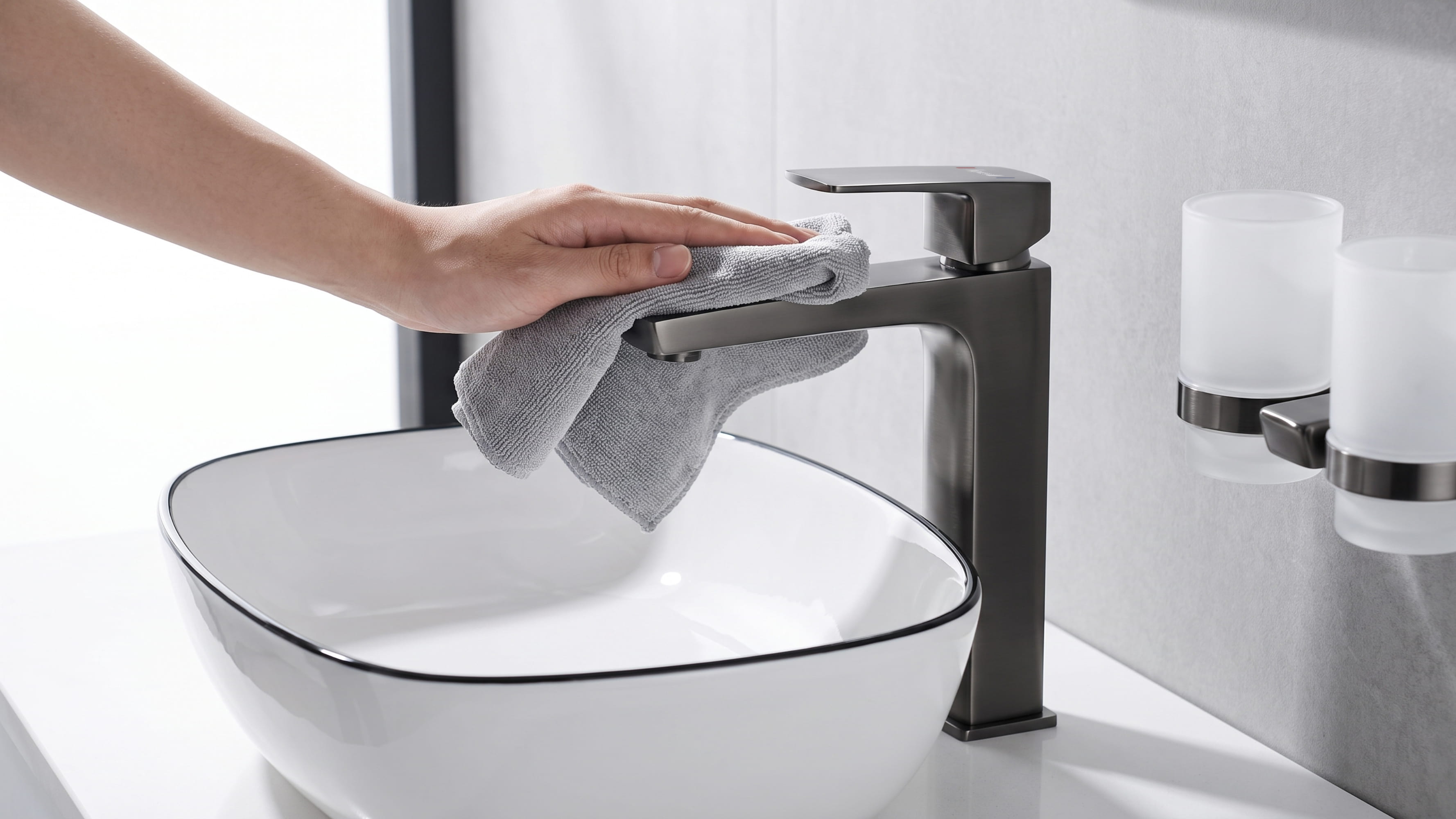 Процес легкого очищення чорного змішувача у ванній кімнаті за допомогою м'якої мікрофібри